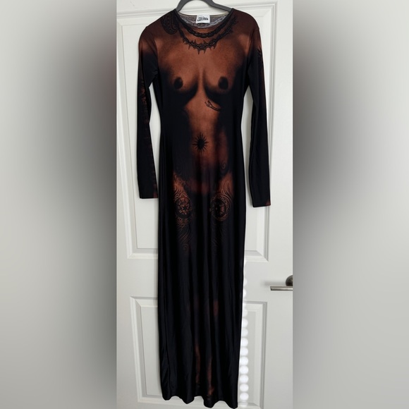 Jean Paul Gautier The Long Ebony Body Tattoo Dress Dark Nude Size S - Picture 6 of 16